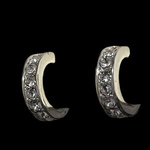 Vintage Monet Rhinestone Silvertone Hoop Clip-on Earrings 1/2” Signed